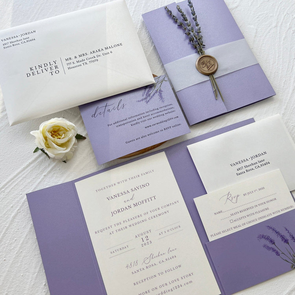 5x7 inches Pocket Wedding Invites, Lavender Detail Card with Printed Envelopes, Purple Wedding Invitation Set