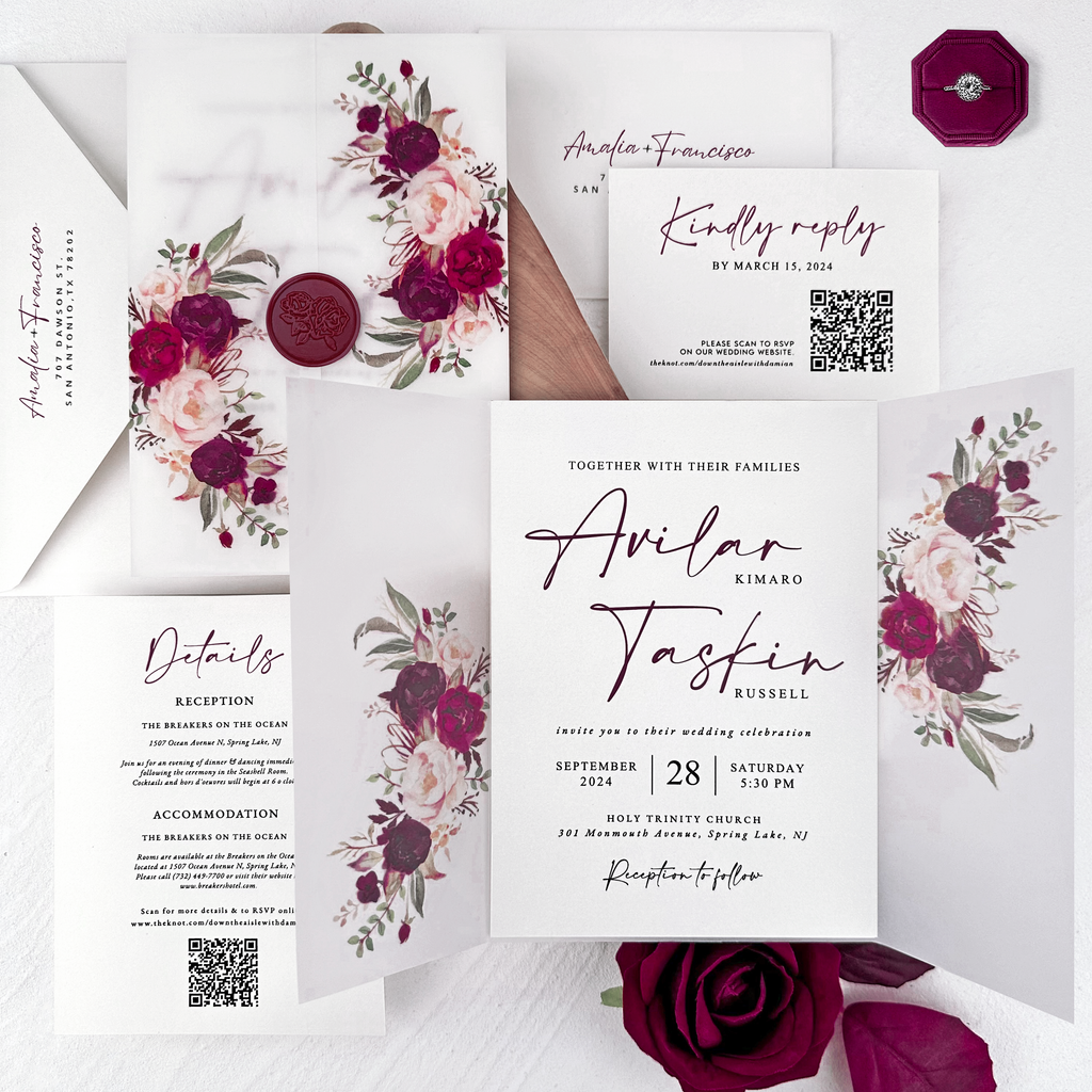 Burgundy Floral Vellum Wrap Wedding Invitation Set with Rose Wax Seals