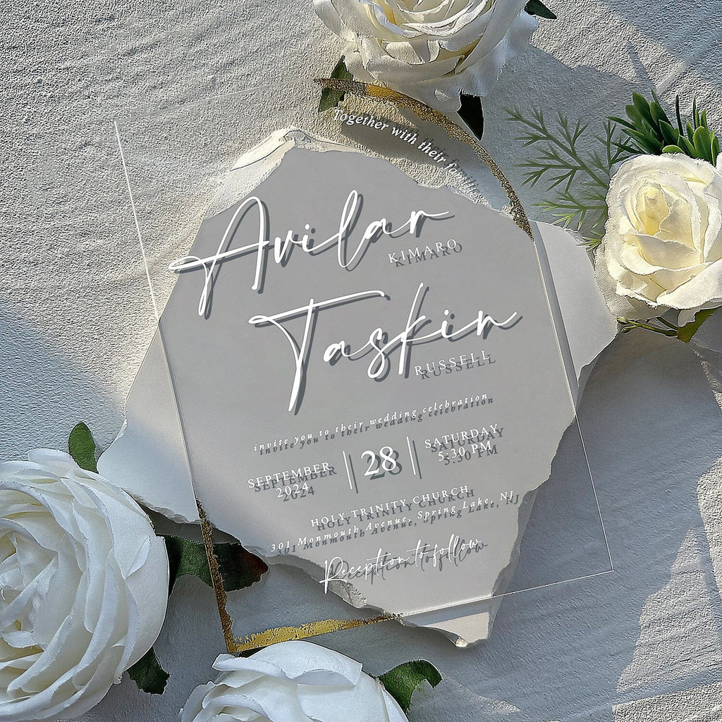 Arch Clear Acrylic Wedding Invitations, Luxury Handmade Gold Deckled-Edge Invites, Customized Cotton Paper Invitation with RSVP