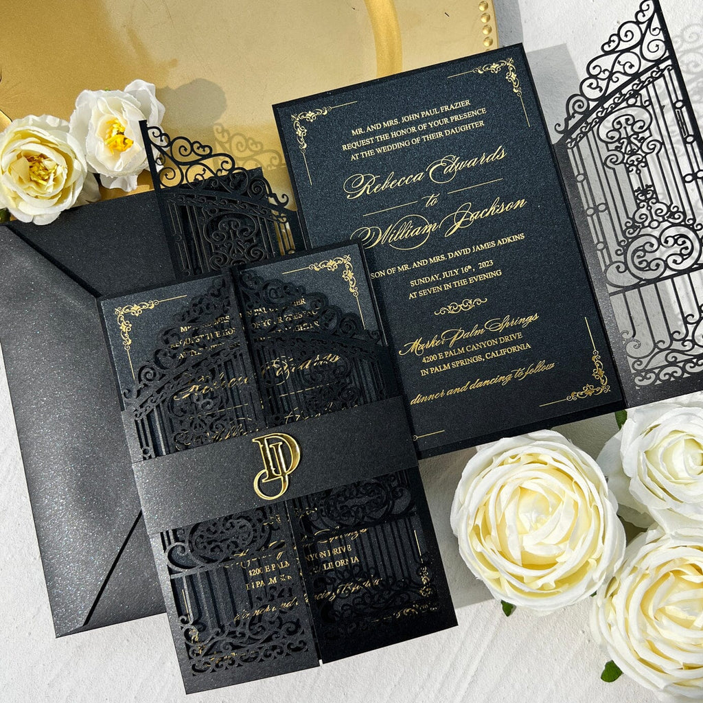 Black and Gold Wedding Invitation, Golden Acrylic Monogram Invitations, Luxury Gold Foil Wedding Card with Black Envelope