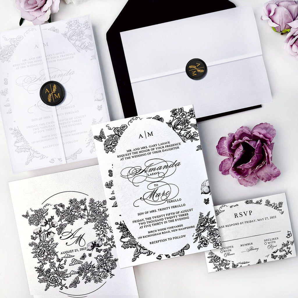 Black and White Floral Wedding Invitation Set, Translucent Vellum Jacket Invites with Personalized Monogram, Elegant Garden Frame Wedding Invitations