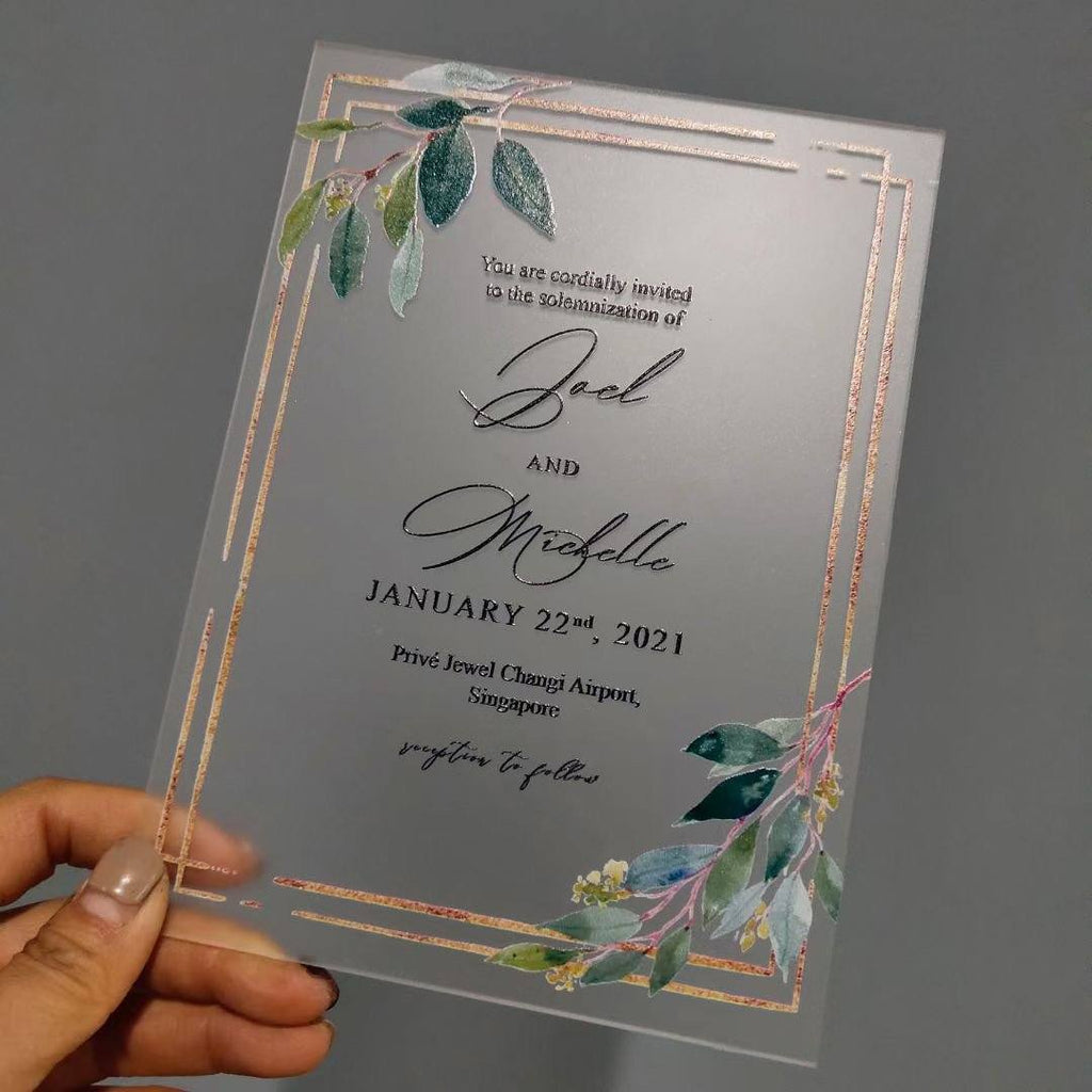 Botanical Frosted Acrylic Wedding Invitations with Envelopes, Customized Invite Wording