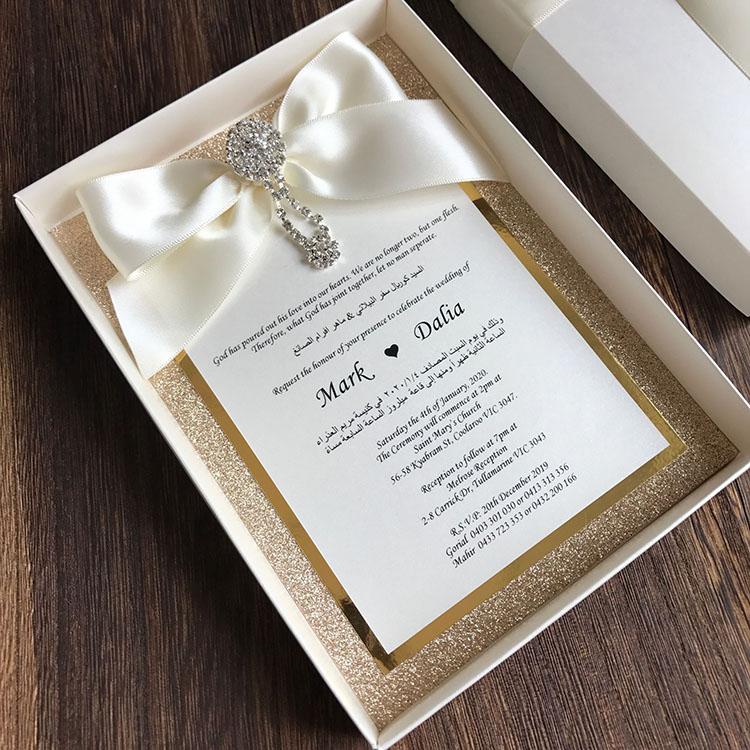 Boxed Wedding Invitations Modern Calligraphy Invitation for Wedding Gold Glitter Invites with Ribbon