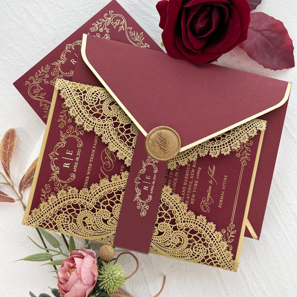 Burgundy and Gold Lace Wedding Invitations, Gold Foil Burgundy Wedding Invite and Wax Seals