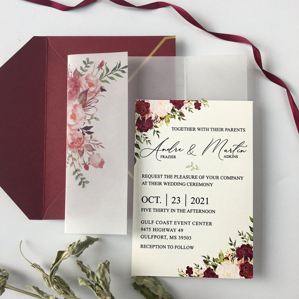 Burgundy Floral Wedding Invited Vellum Paper Wrap with Handmade Paper Invitations