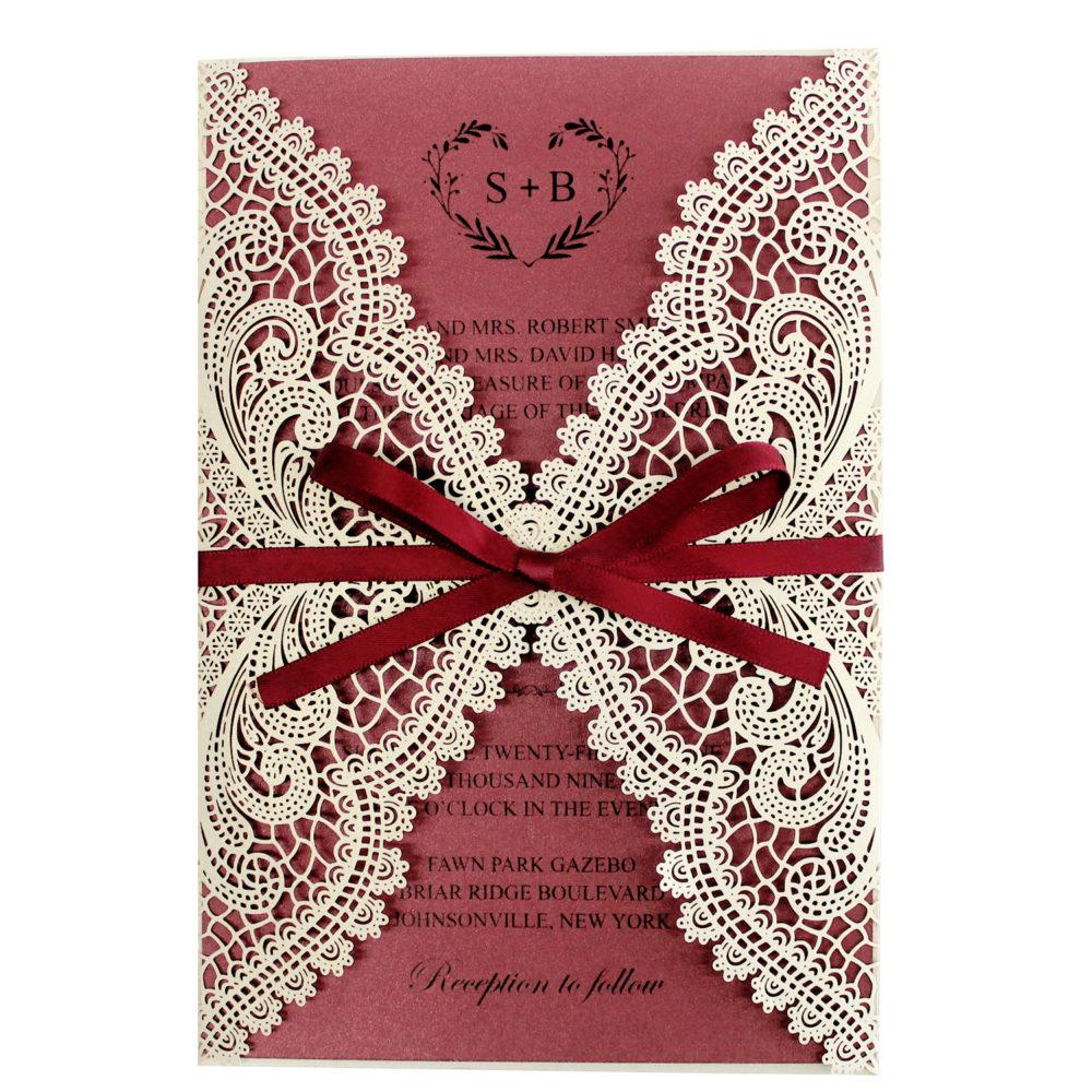 Burgundy Laser Cut Wedding Invite Cards with Envelopes