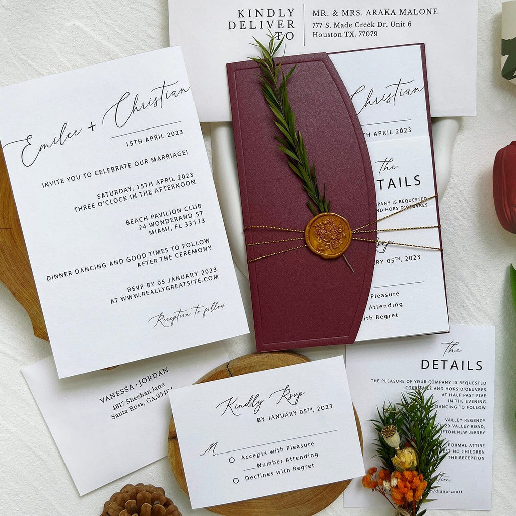 Burgundy Wedding Invitations Set with Wax Seals, RSVP and Details Cards