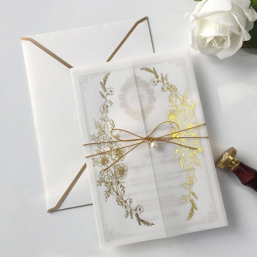 Calligraphy Invites Vellum Paper Wrap with Foil Printing and Gold Twine