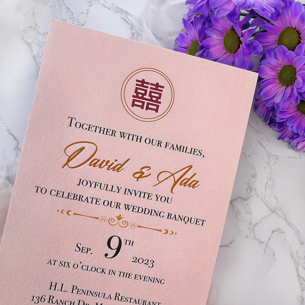 Chinoiserie Pink and Gold Vellum Wrap Wedding Invitations, Romantic Double Happiness Cotton Paper Invites with Torn Silk Ribbon, Asian Chinese Invitation