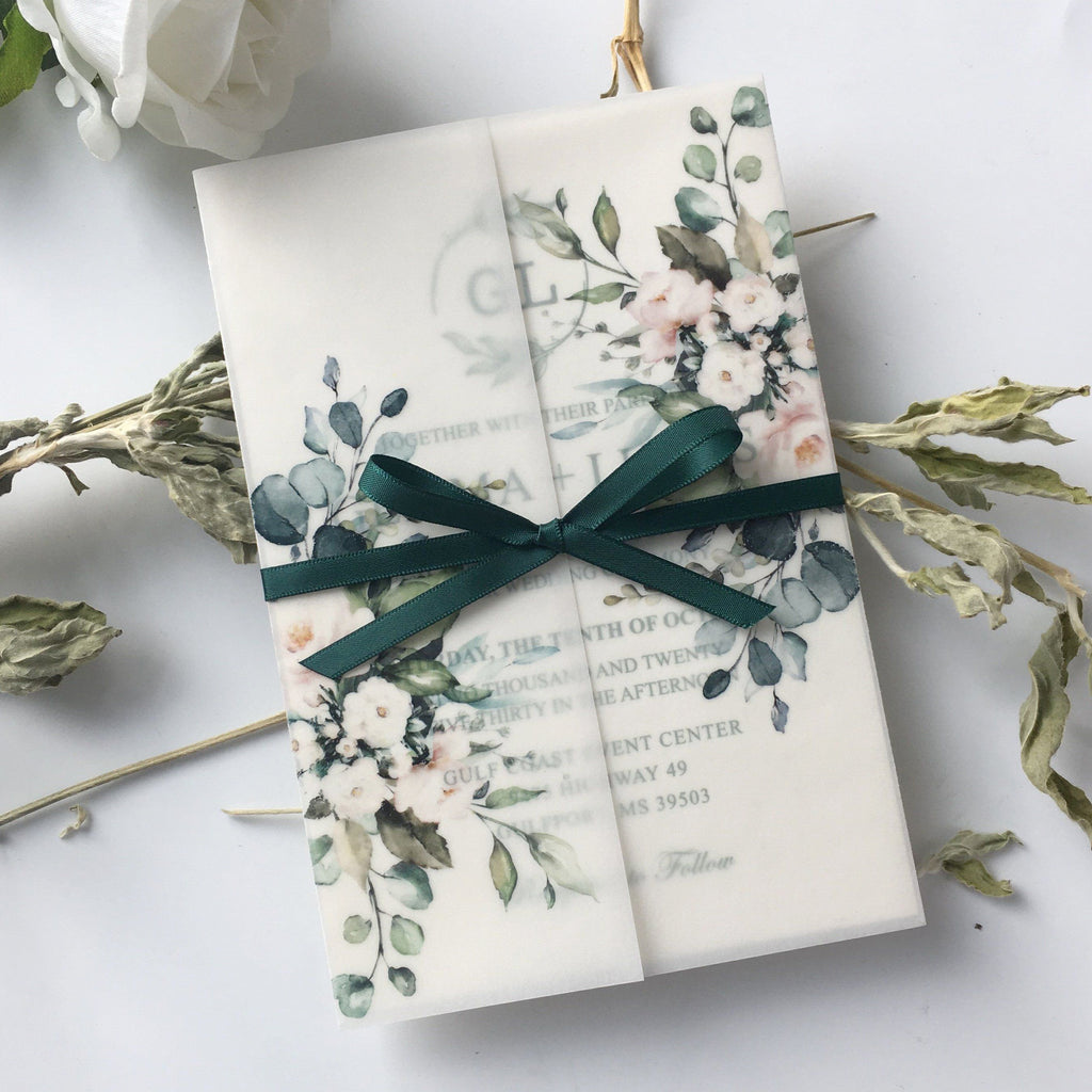 Classic Modern Botanical Invitations for Wedding Green and Vellum Wedding Invites