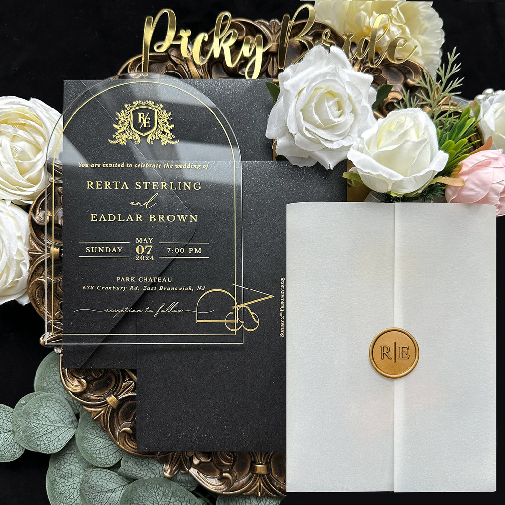 Clear Acrylic Wedding Invitation with Black Envelope,Transparent Invites and Vellum Warps, Customized Wax Seal