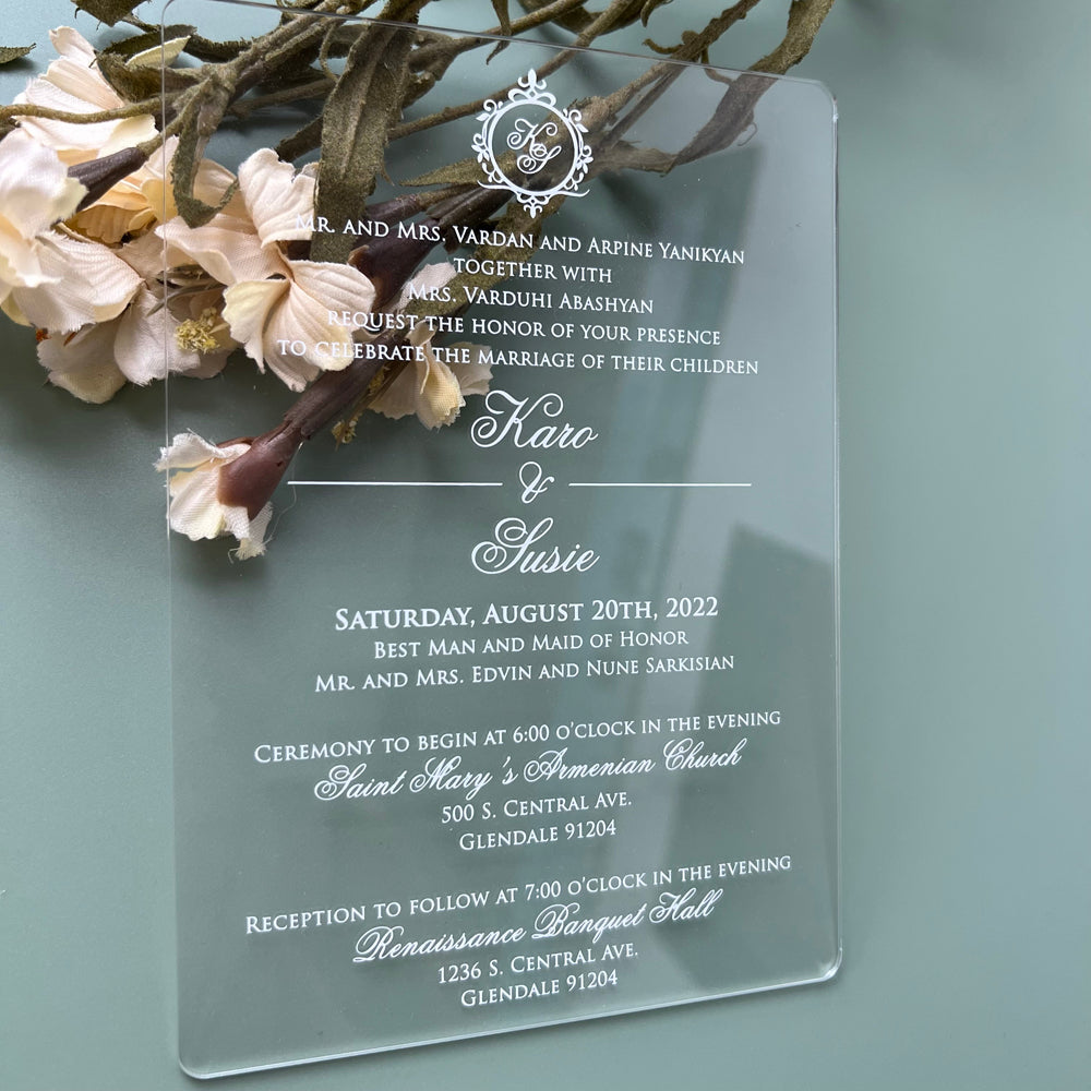 Clear Acrylic Wedding Invitations Customized Monogram Design, Print White or Gold