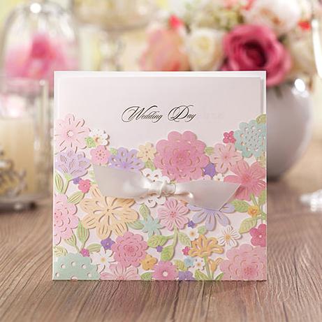 Colorful Flower Wedding Cards; Spring Laser Cut Floral Wedding Invitation Cards - Set of 50pcs