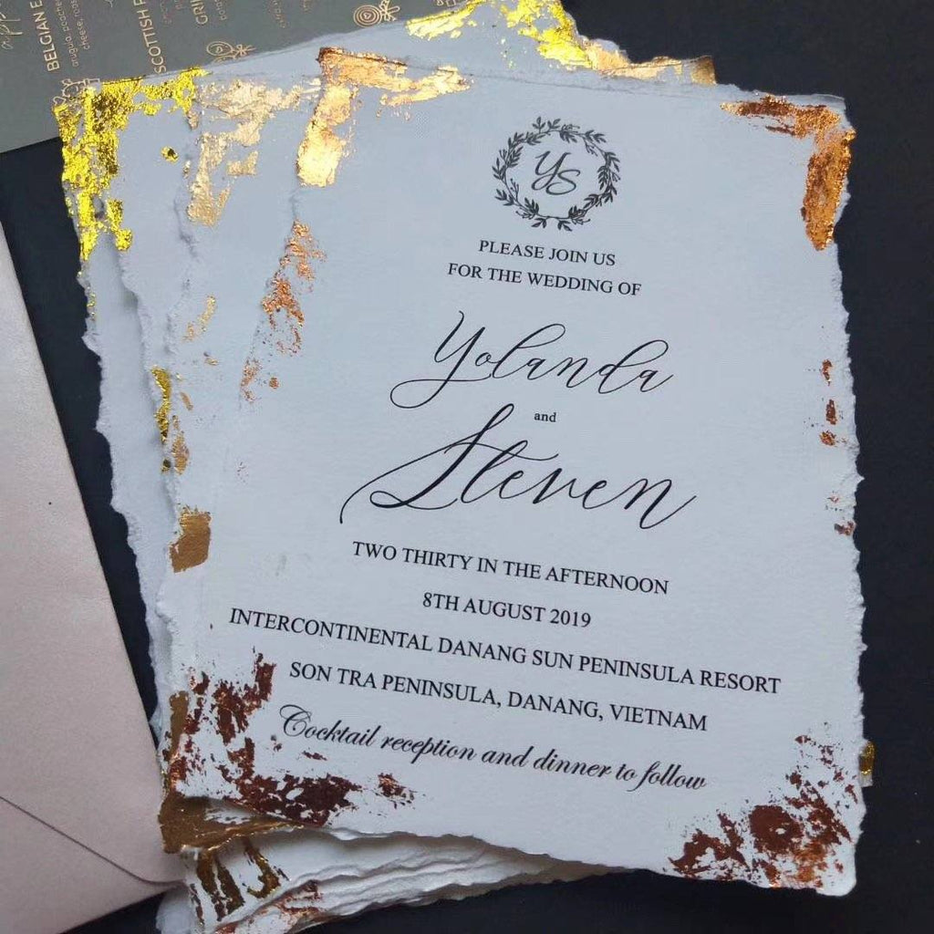 Custom Deckled Edge Foil Gold Stamped Wedding Invitations, Handmade Monogram Torn Edge Invites
