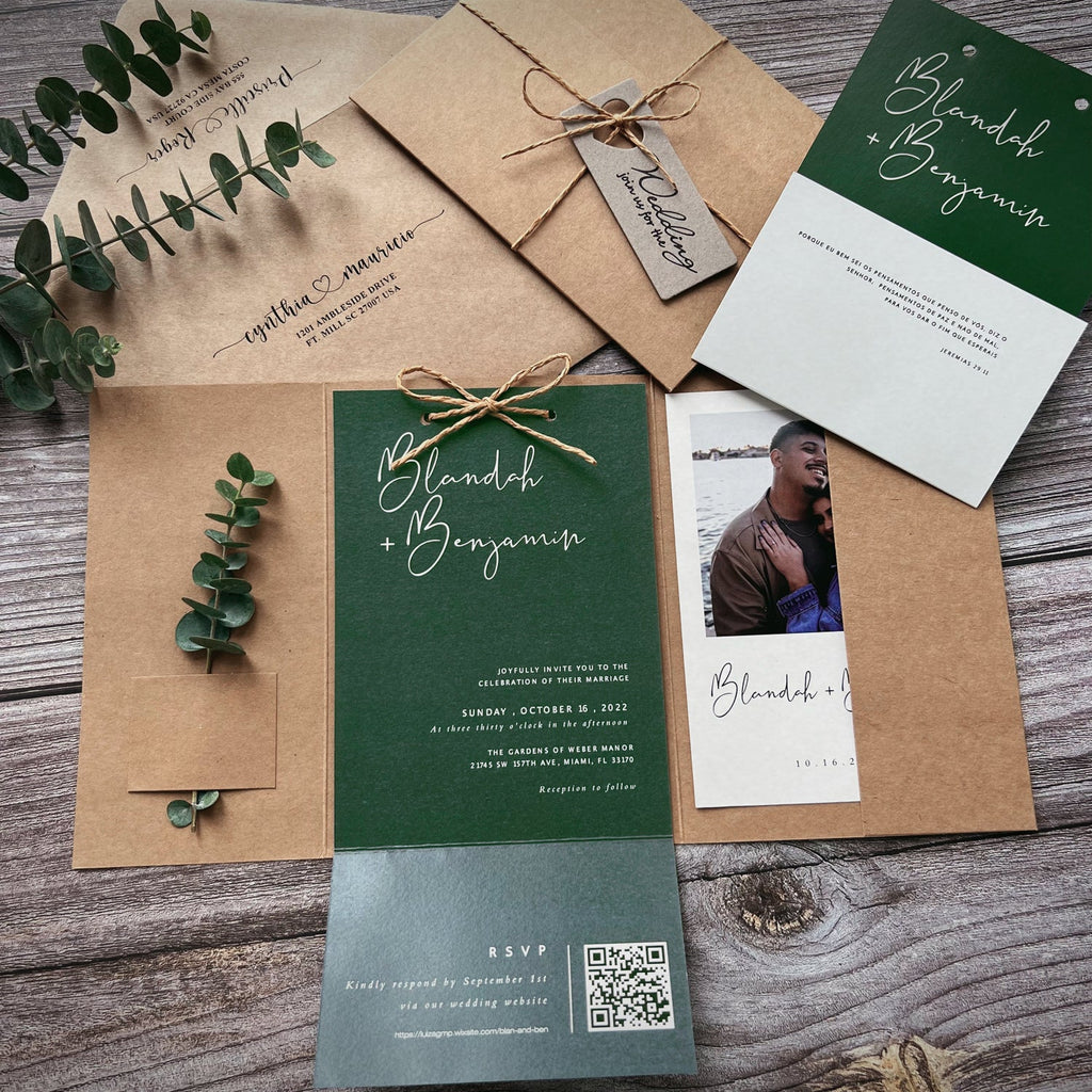 Customized Jungle Green Wedding Invitations, Photo Invitations with QR Code RSVP Info