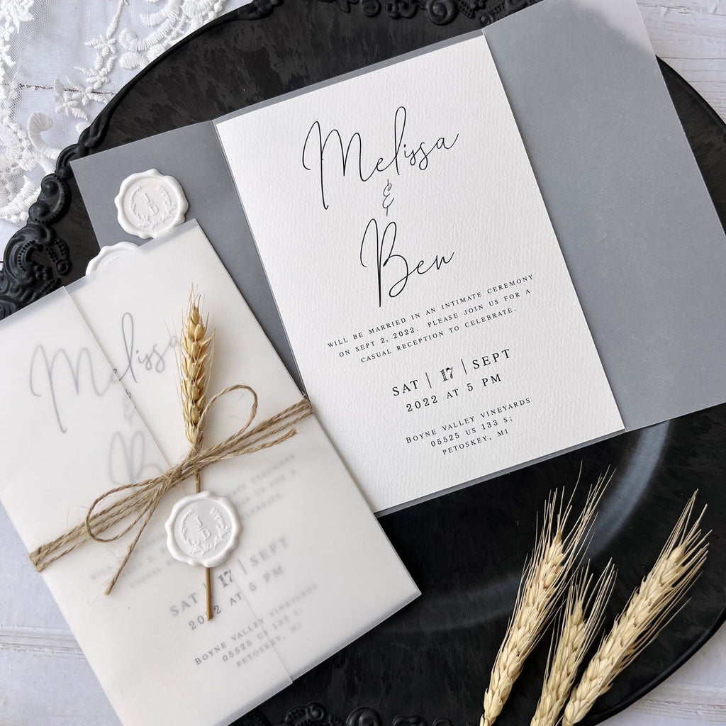 Customized Vellum Wedding Invitations with Wheat and Seals, Vellum Jacket, 5 x 7 inches