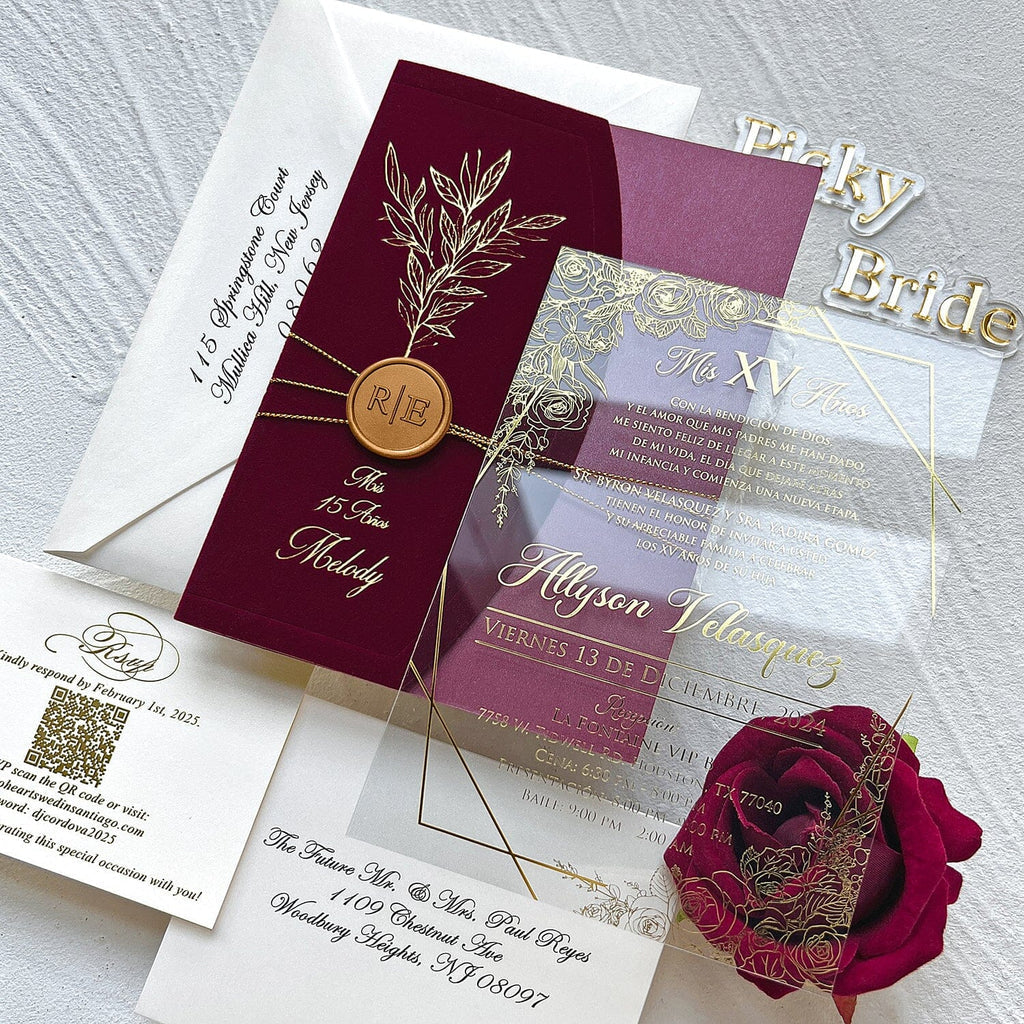 Elegant Burgundy and Gold Acrylic Wedding Invitations, Botanical Gold Foil Velvet Covers and Floral Frame Acrylic Invites, Personalized Wax seal and QR Code RSVP