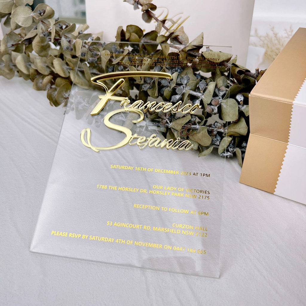 Embossed Bride Groom Names Transparent Acrylic Invitations, Gold Foil Printed Wedding Invitation Cards