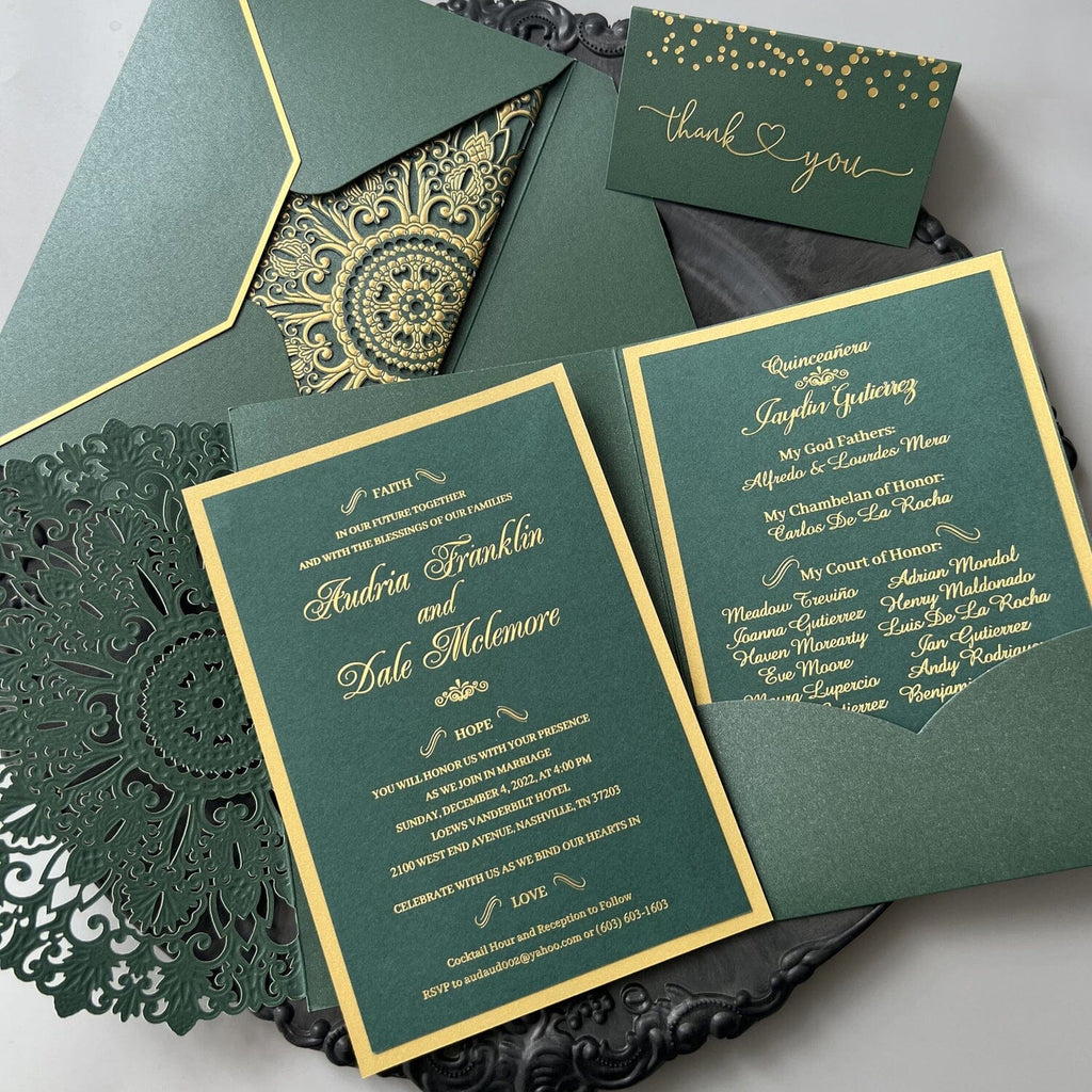 Embossed Jungle Wedding Invitation Suites, Forest Green and Gold Foil Wedding Invites, Pocket Invitations