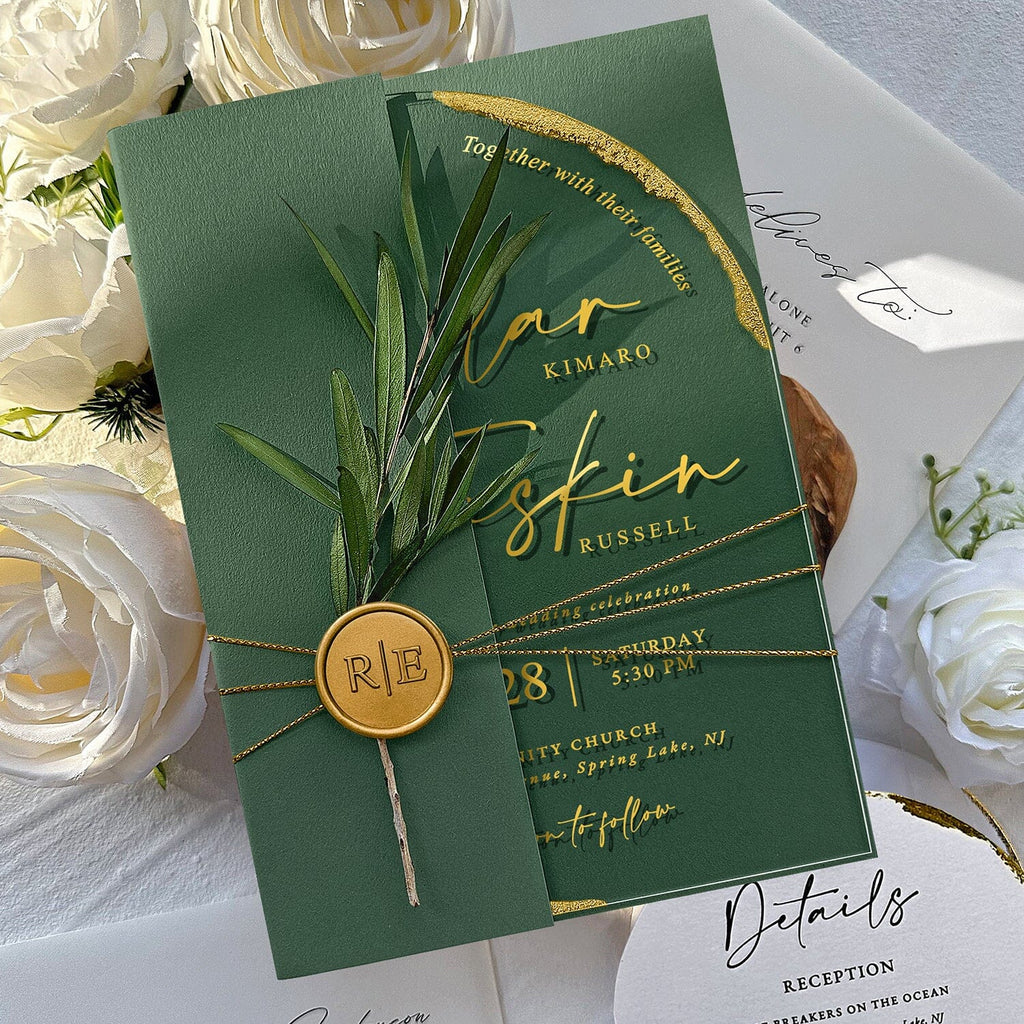 Emerald Green and Gold Arch Acrylic Wedding Invitations, Luxury Gold Deckled Edge Invite Cards with Handmade Botany and Wax Seal, Elegant Botanical Multiple Choice