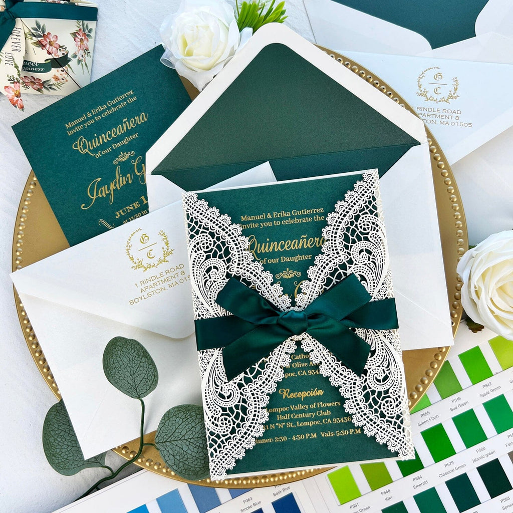 Emerald Green Quinceanera Invitation Sweet 16, Gold Foil Sweet Sixteen Birthday Invitations, Any Age