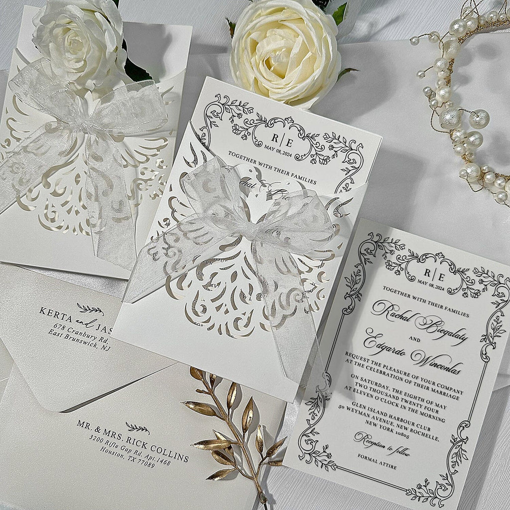 Floral Laser Cut Pocket Wedding Invitation Set, Elegant Invite & RSVP Cards