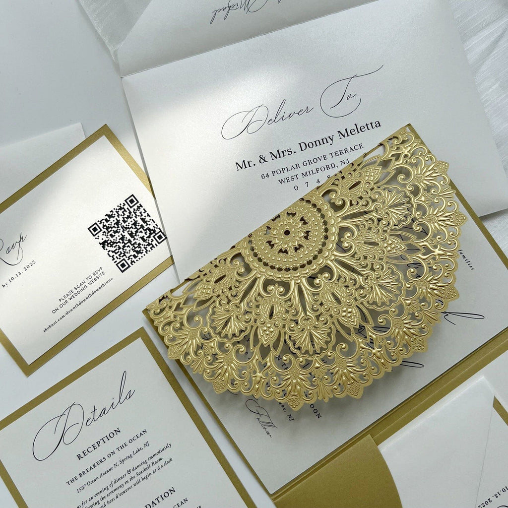 Golden Pocket Wedding Invitations with QR Code RSVP Cards, Tri-Fold Modern Calligraphy Invites, Detail Card
