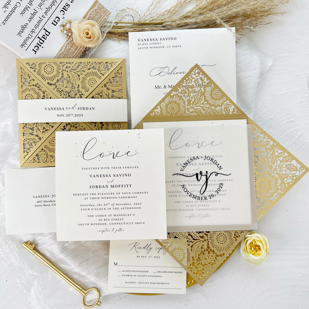 Laser Cut Gold Wedding Invitations with RSVP Cards, Vellum Wedding Logo Personalized, Picky Bride Flower Invites, Table Card