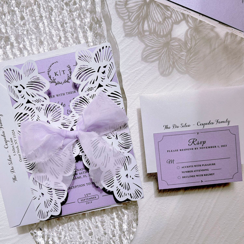 Lavender Purple Wedding Invitations with Ribbon Bows, Floral Elegant Invites and RSVP Cards