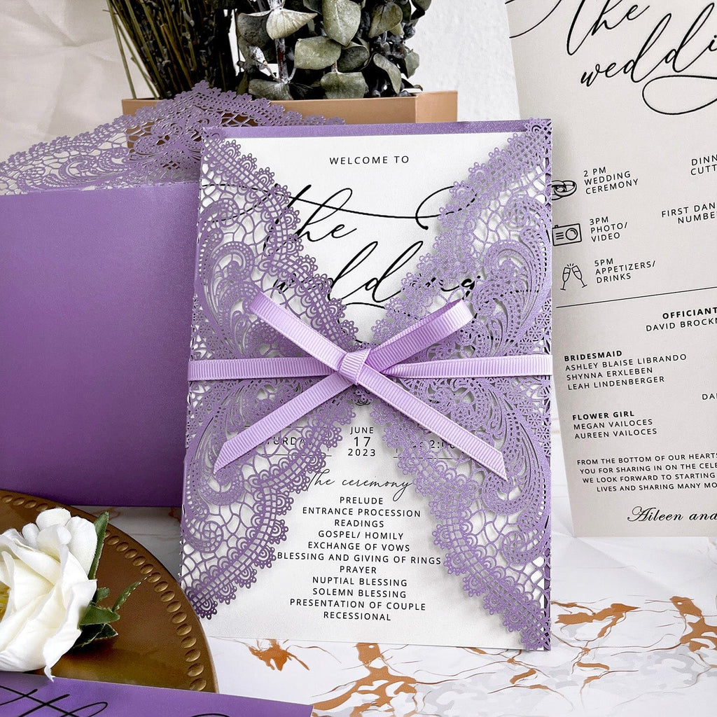 Purple Lace Wedding Invitation Bundle, Lavender Invitations Card for Romantic Wedding, Custom Elegant Lilac Wedding Ceremony Program