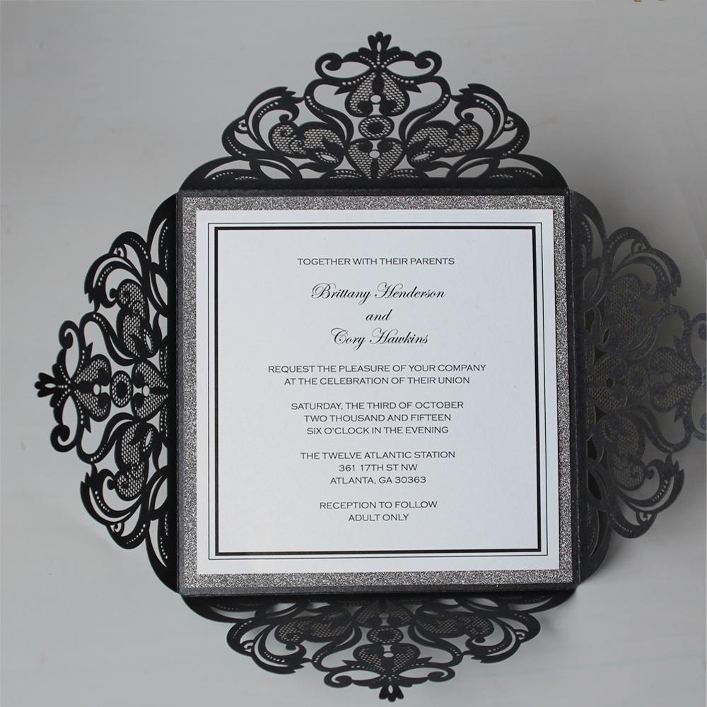 16 x 16cm Black Invitation for Luxury Wedding Theme Bridal Shower Invitation Cards Business Invited Silver Glitter Paper