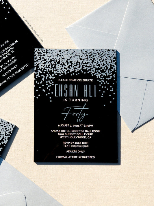 Confetti | Black Acrylic Invitation for Birthdays & Celebrations