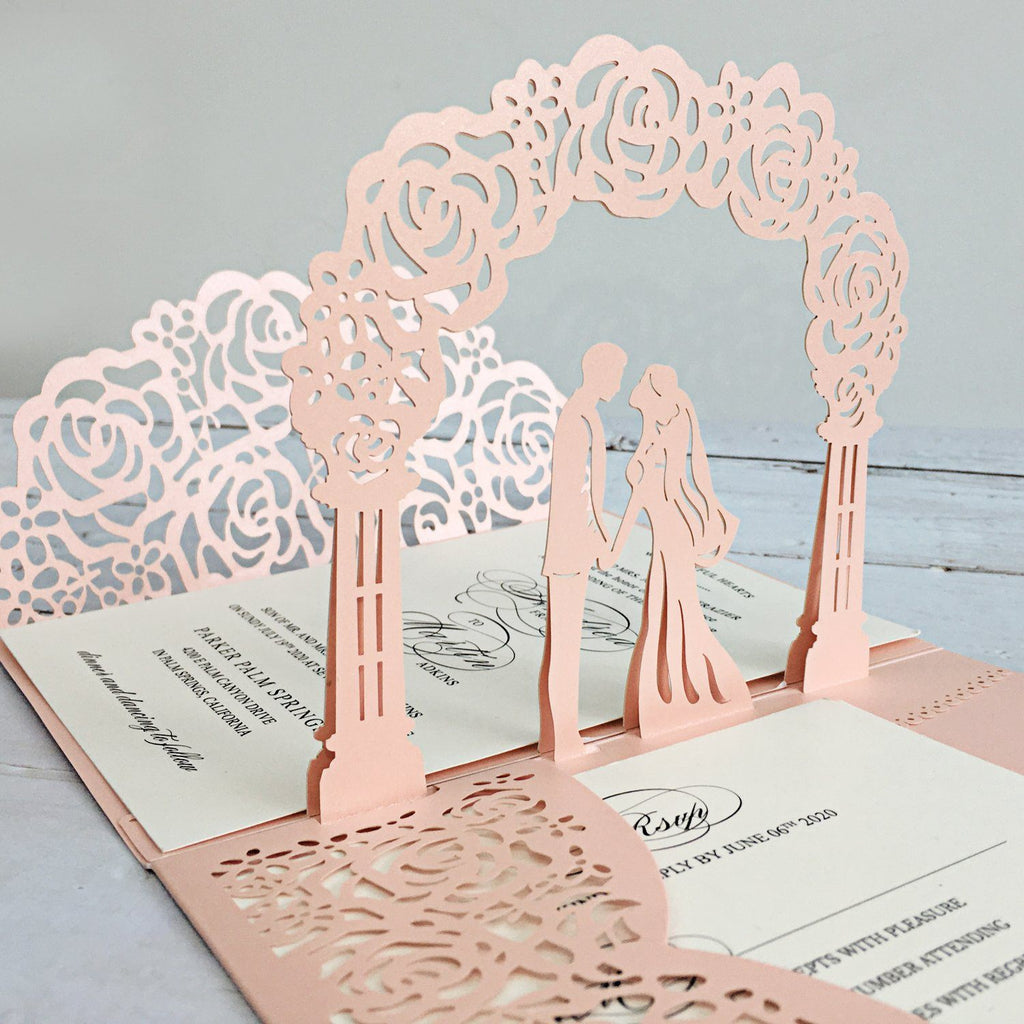 3D Pale Pink Customized Invitations with RSVP Cards for Wedding, Unique Invite Cards