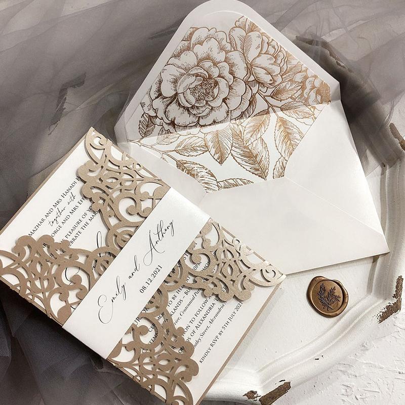 5 x 7 inch Laser Cut Wedding Invitations Champagne Lace Invitation Cards Calligraphy Invites