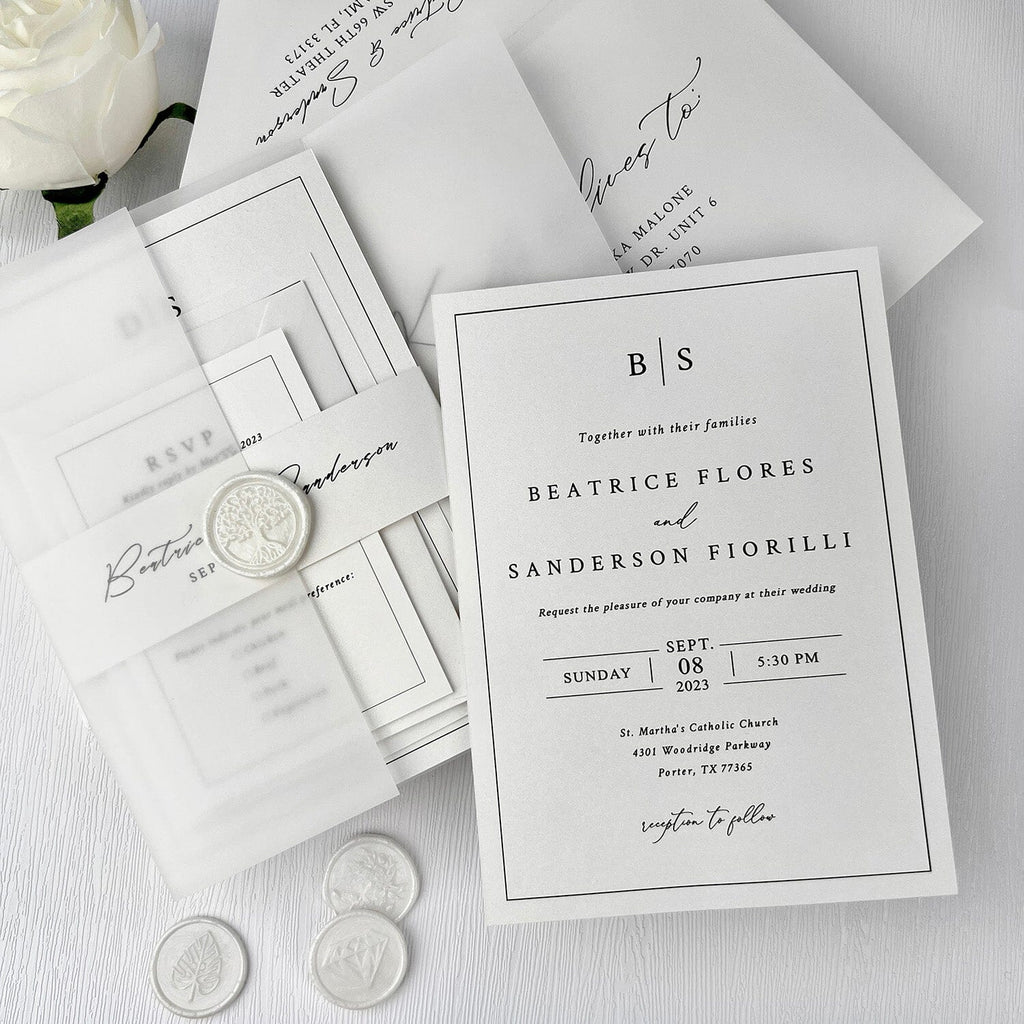 5x7 Minimalism Vellum Wedding Invitation, Elegant White Vellum Invite Cards, Translucent Invitations with Wax Seal