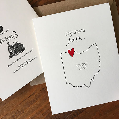 6 Customizable Letterpressed A2 folded greeting cards, blank inside. Packaged with a recycled kraft envelope. When ordering please specify State, City and Color of Heart (Red, Rainbow, Corazon, Celtic or Gold)