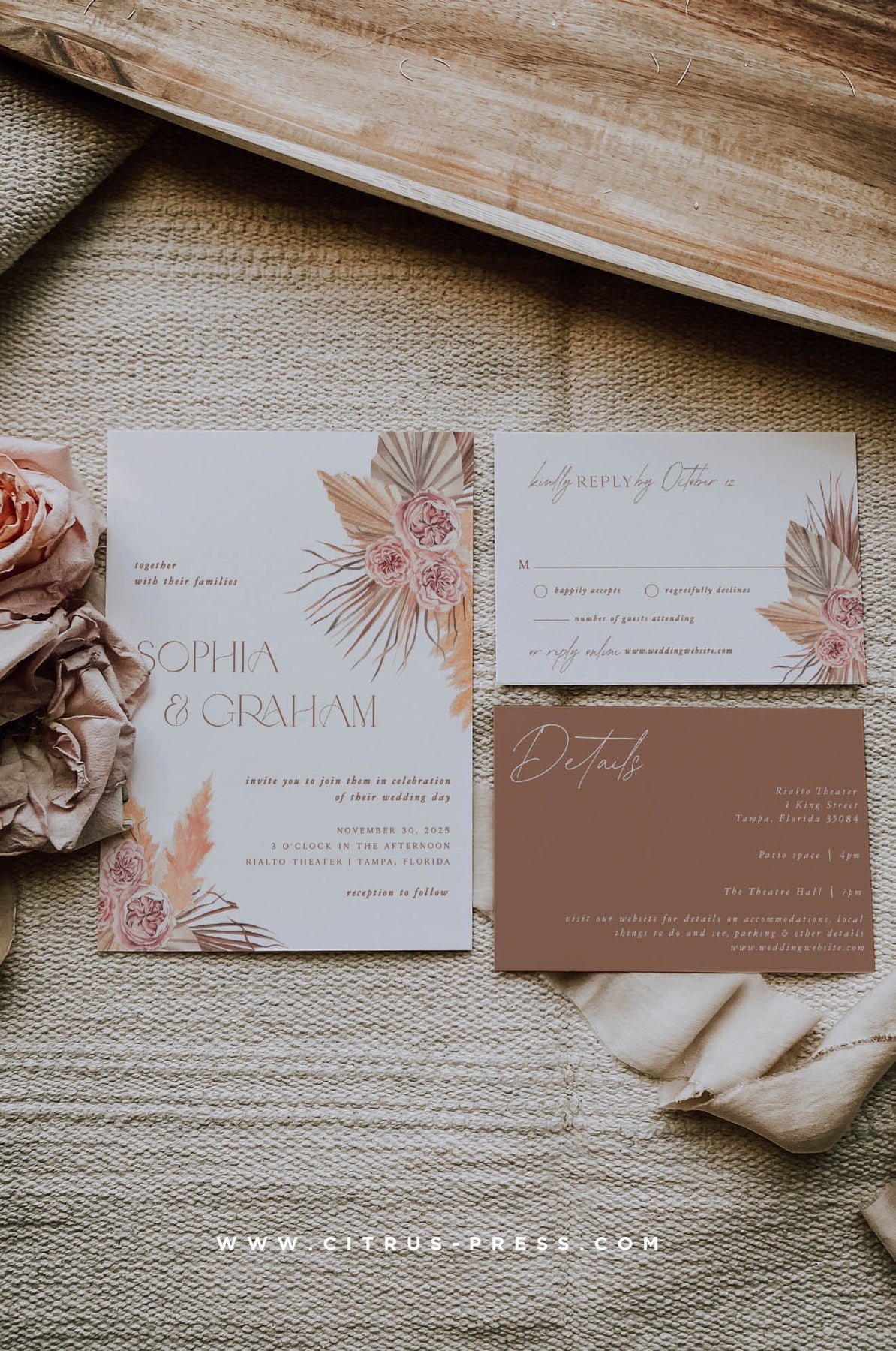 Boho Floral Pampas Grass Wedding Invitation Set | Pdf Diy Template