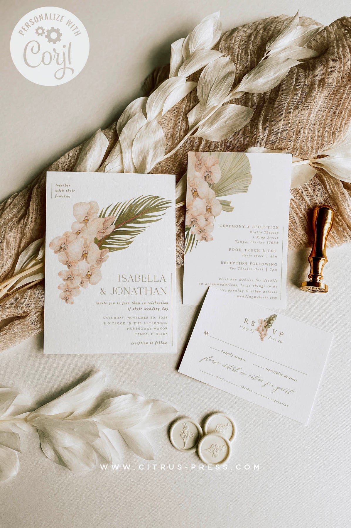 Boho Tropical Pampas Grass And Orchid Wedding Invitation Set | Pdf Diy Template