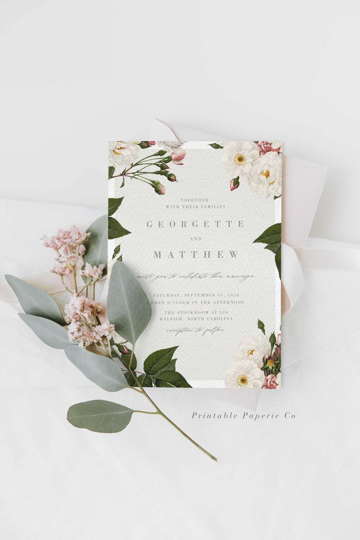 Romantic Botanical Floral Wedding Invitation | White Roses Flower | Pdf Template