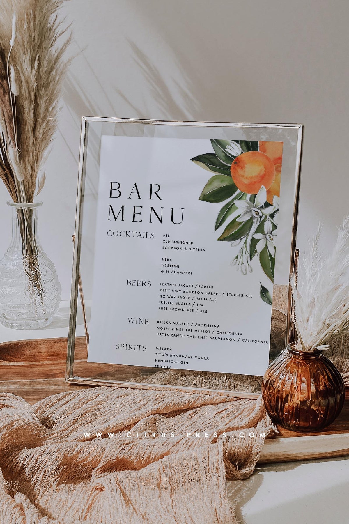 Oranges Bar Menu Wedding Sign | Ashlynn | Printable Template