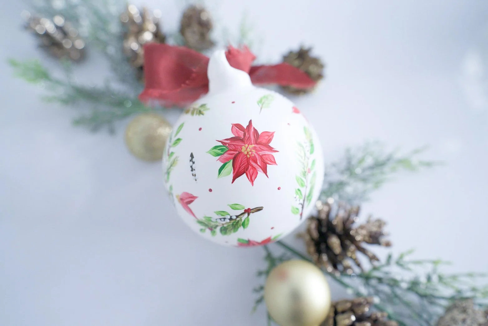 Hand painted winter florals on white matte glass ornament