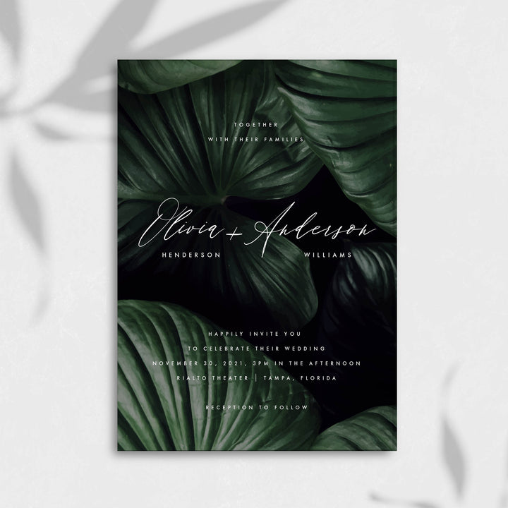 Minimal Tropical Wedding Invitation | Dark And Moody | Pdf Template
