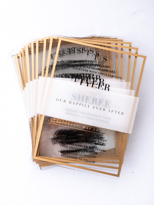 Frame'd Collection | Semi-Custom Clear Acrylic Invitations €¢ Black & Gold