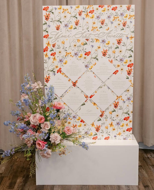 Floral Pattern Acrylic Seating Chart with Wooden Base | Los Angeles Events