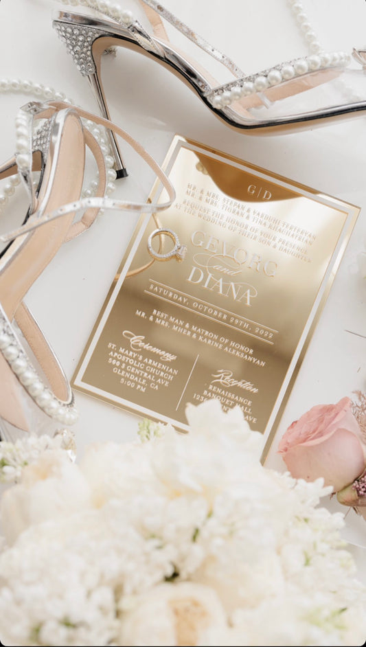The Frame'd | Modern, Acrylic Gold Mirror Wedding Invitation