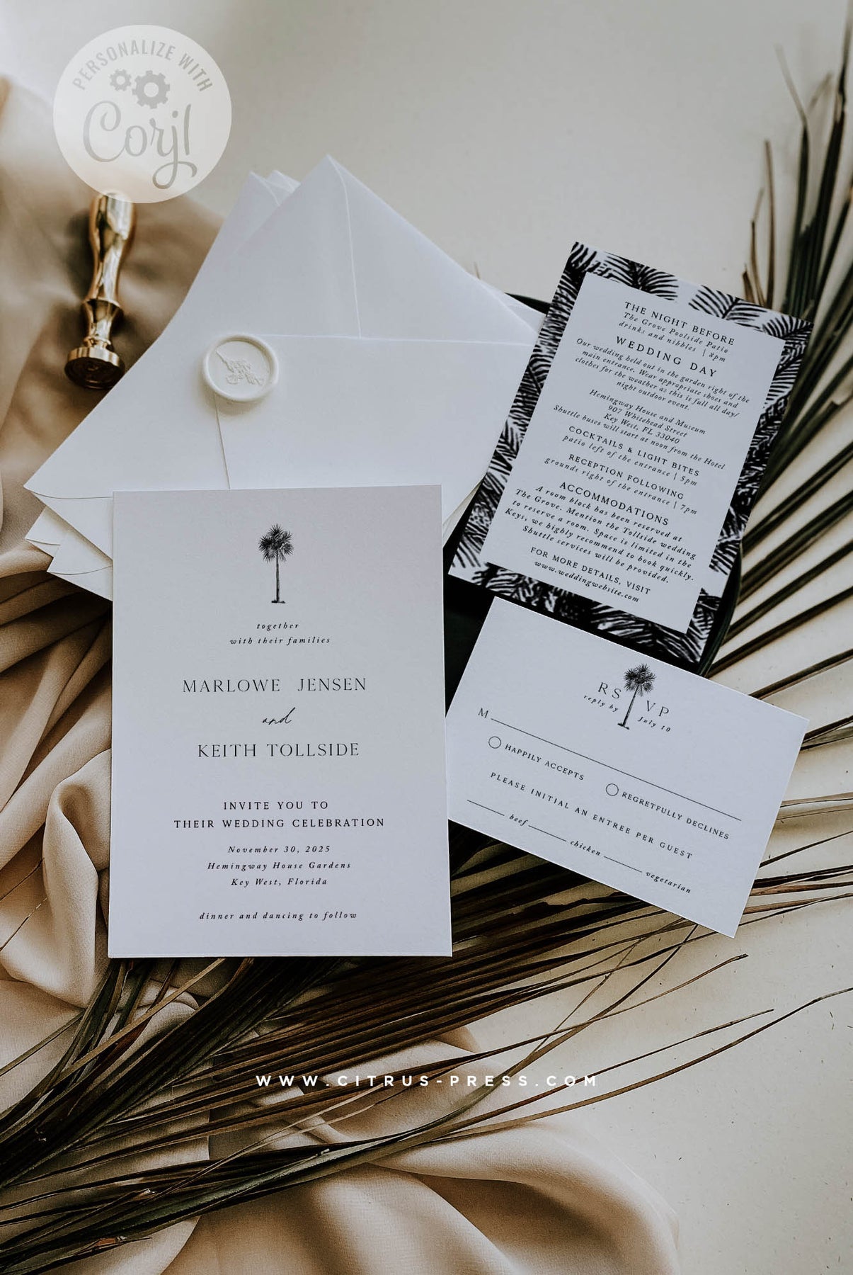 Modern Palm Tree Tropical Wedding Invitation | Pdf Diy Template