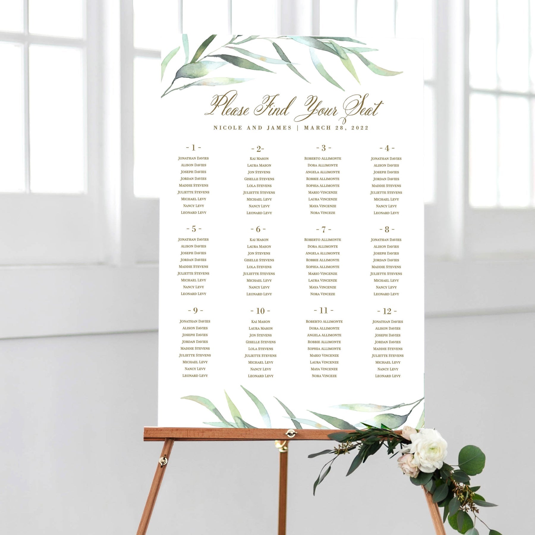 Eucalyptus Greenery Wedding Seating Chart | Pdf Template