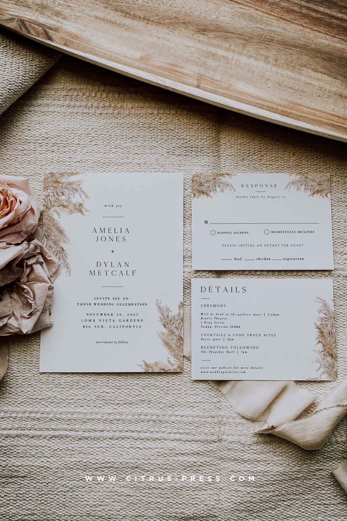 Boho Pampas Grass Wedding Invitation Set | Pdf Diy Template