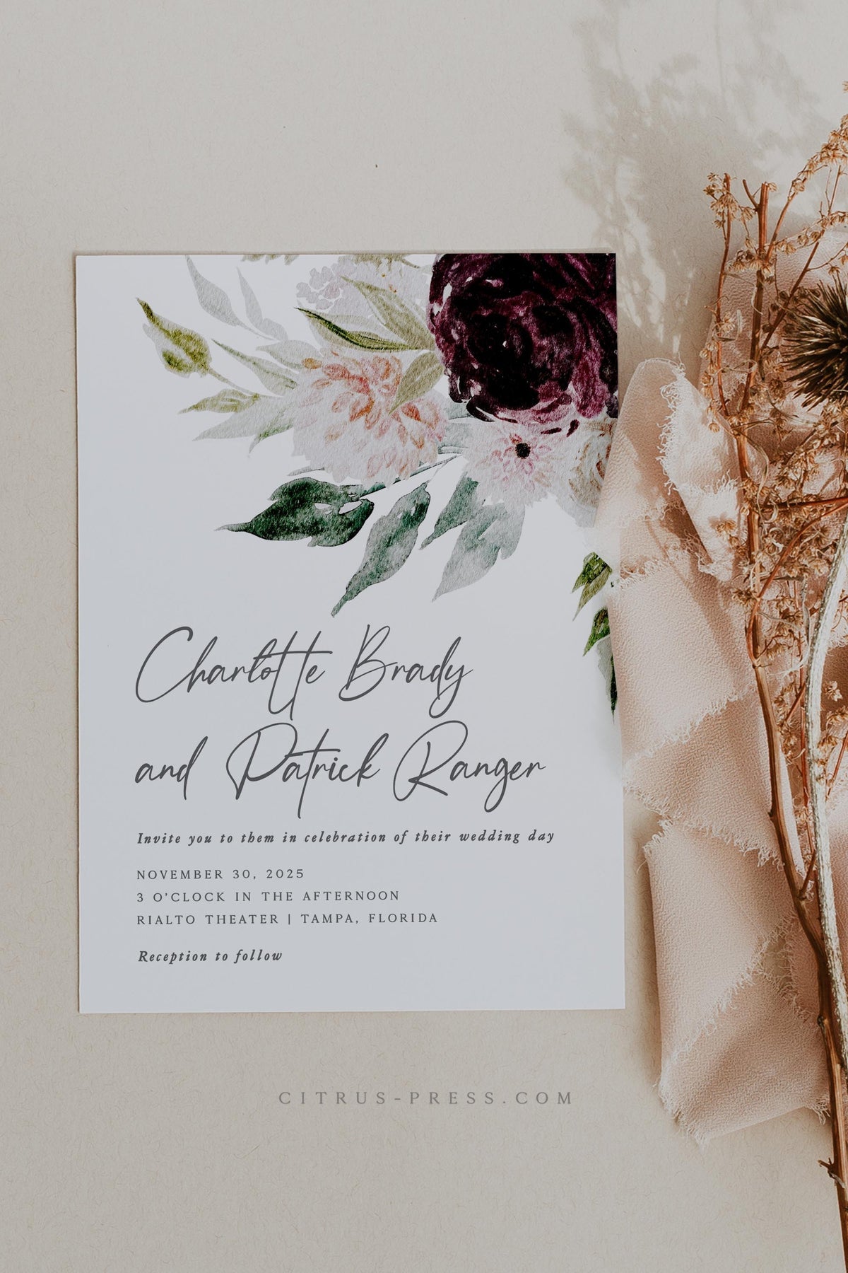 Blush Botanical Floral Wedding Invitation | Printable Template