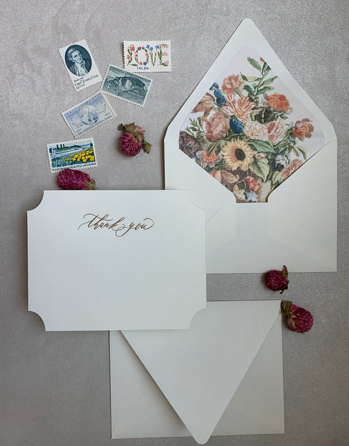 Set of 6 | Die cut foil thank you cards with lined envelopes